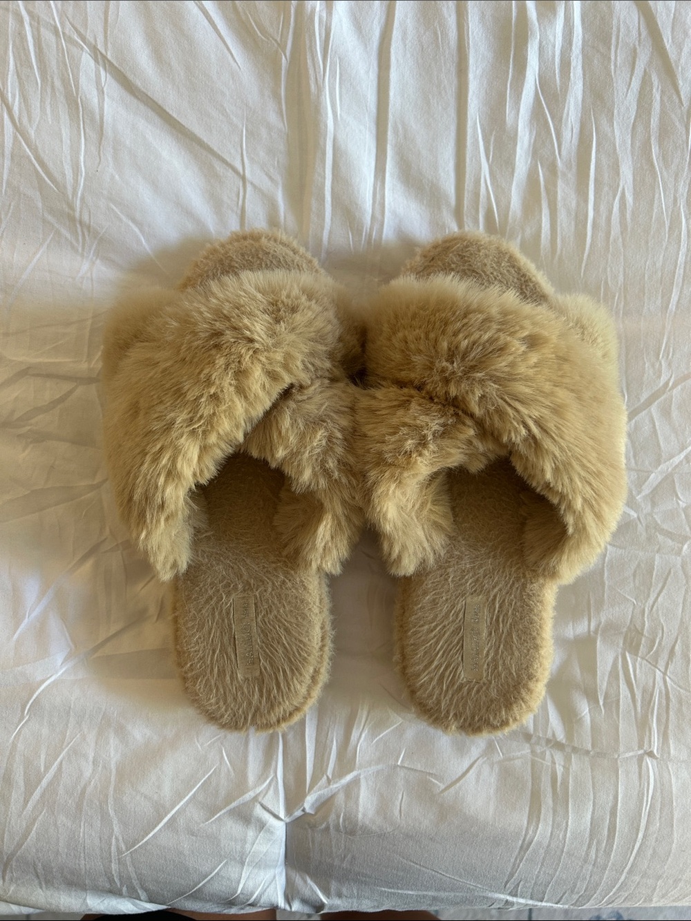 Primark Plush Faux Fur Cross-Band Slide Slippers in Tan